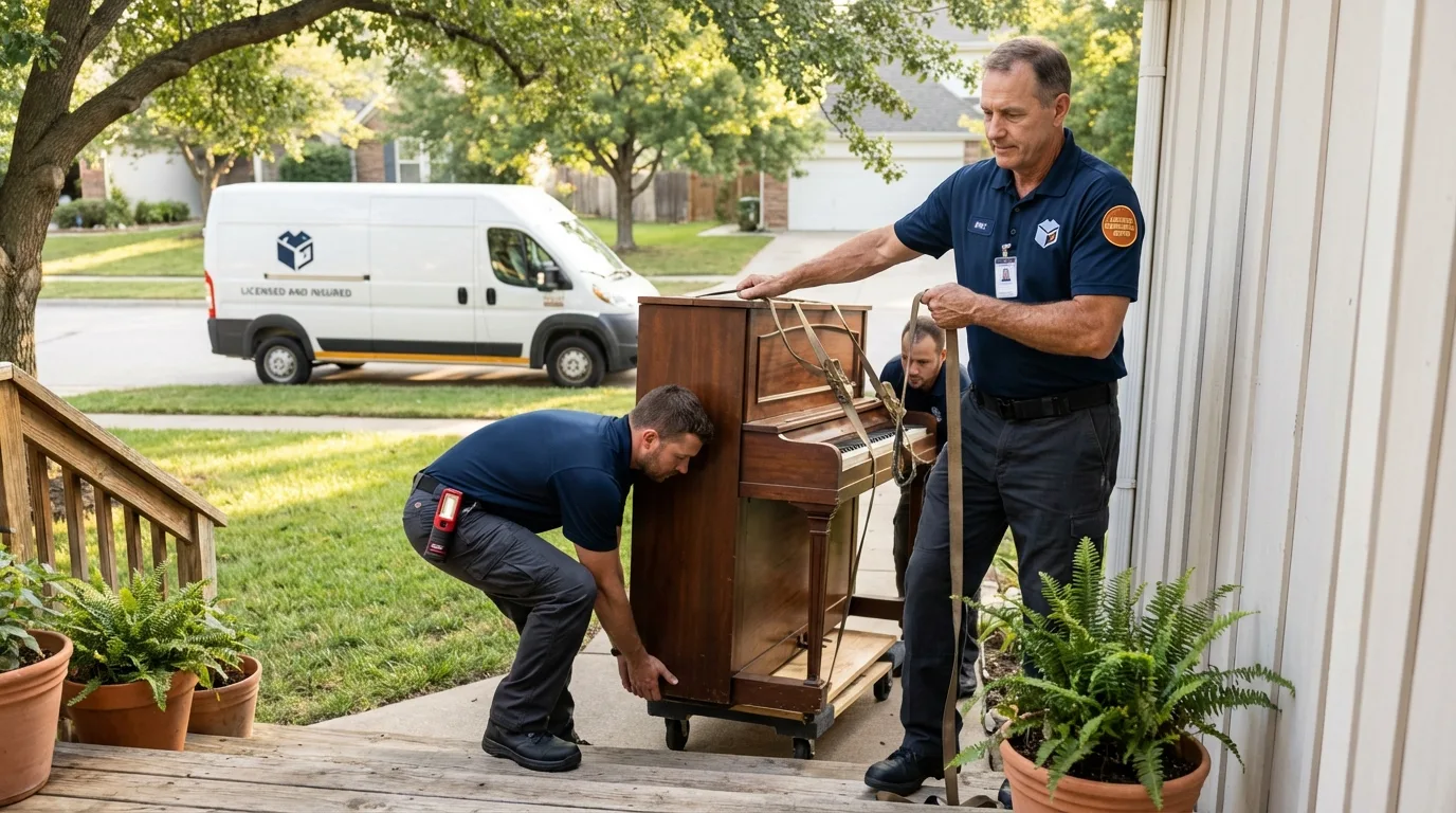 Licensed piano movers securing grand piano in Rehoboth Beach, DE