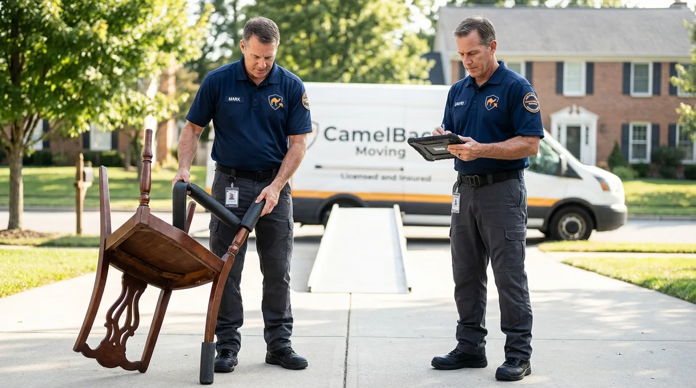 Movers inspecting furniture for damage prevention before loading in Rehoboth Beach, DE