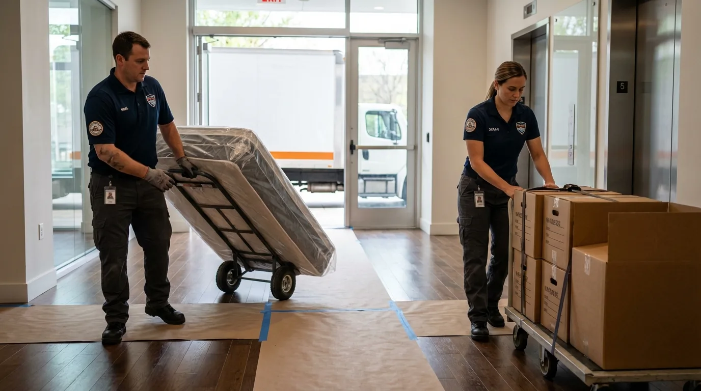 Professional apartment movers loading elevator in Rehoboth Beach, DE